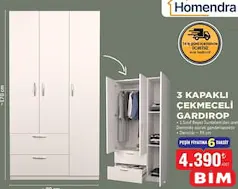 HOMENDRA 3 KAPAKLI ÇEKMECELİ GARDIROP 170X90 CM